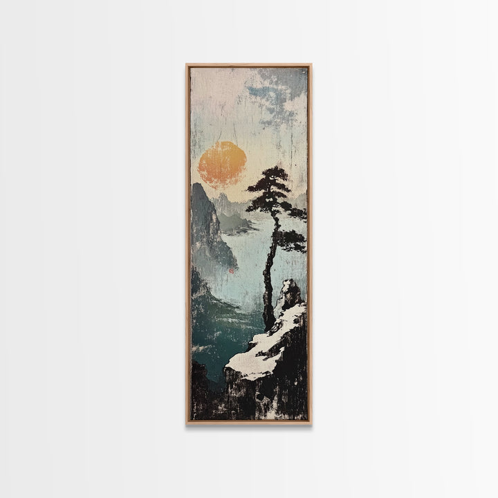 Misty Cliff Pine Lake Canvas Print, Japanese Landscape Wall Art, Neutral Nature Poster, Zen Home Decor, Office Wall Decor