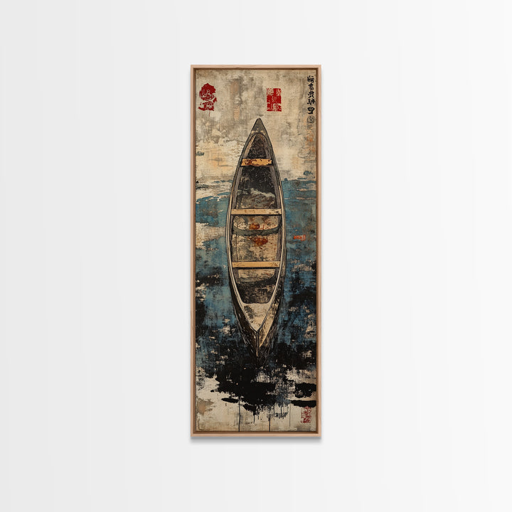 Weathered Canoe On Deep Blue Water Canvas Print, Coastal Boat Wall Decor, Nautical Lake House Art Print, Rustic Home Decor