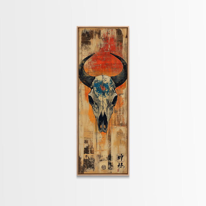 Western Bull Skull On Distressed Wood Wall Art, Rustic Cowboy Decor, Southwestern Canvas Print, Ranch Housewarming Gift Art