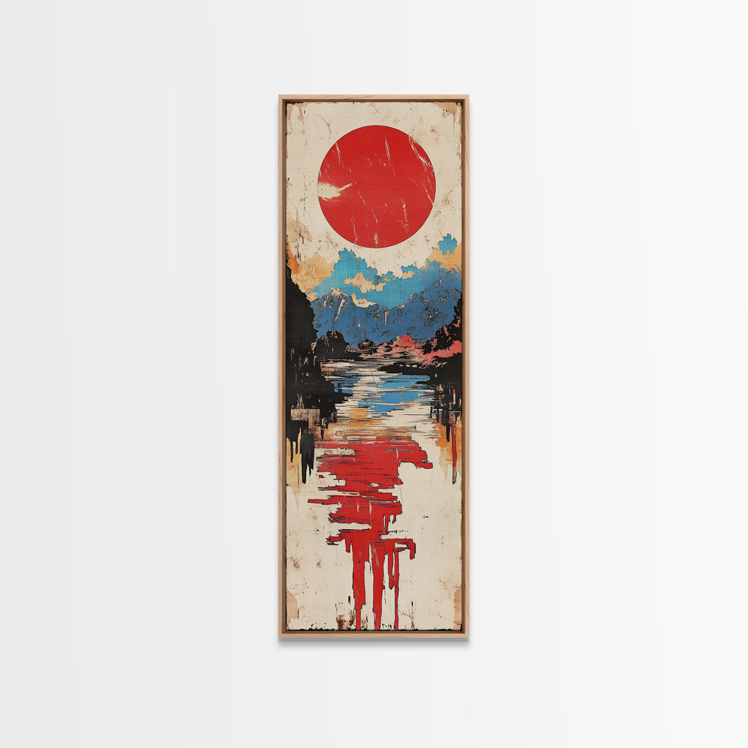 Red Sun Over Reflective Lake Wall Art, Japanese Landscape Print, Modern Coastal Decor, Serene Living Room Canvas Print, Home Decor