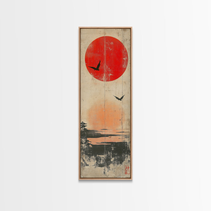 Red Sun And Birds Over Misty Lake Wall Art, Japanese Landscape Print, Minimalist Nature Decor, Serene Canvas Print, Home Decor