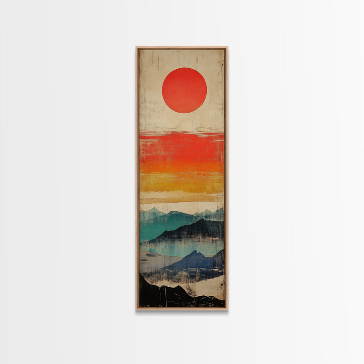 Red Sun Above Layered Blue Mountains Wall Art, Japanese Landscape Canvas Print, Mid Century Decor, Modern Living Room Art