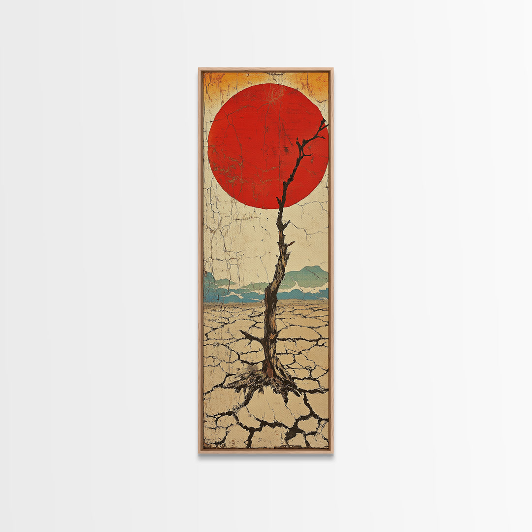 Red Sun Desert Tree Wall Art, Japanese Inspired Landscape Print, Rustic Wabi Sabi Decor, Long Narrow Canvas For Living Room