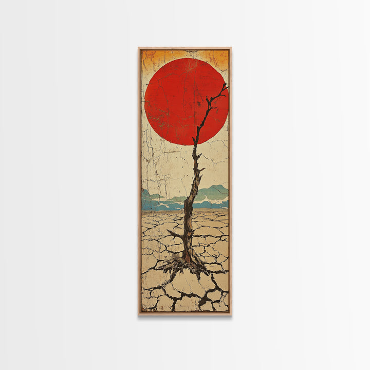 Red Sun Desert Tree Wall Art, Japanese Inspired Landscape Print, Rustic Wabi Sabi Decor, Long Narrow Canvas For Living Room