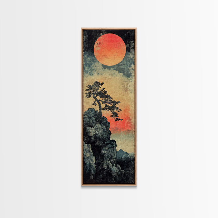 Cliff Pine Red Sun Framed Canvas Print, Japanese Landscape Wall Decor, Moody Nature Art, Vertical Poster For Living Room