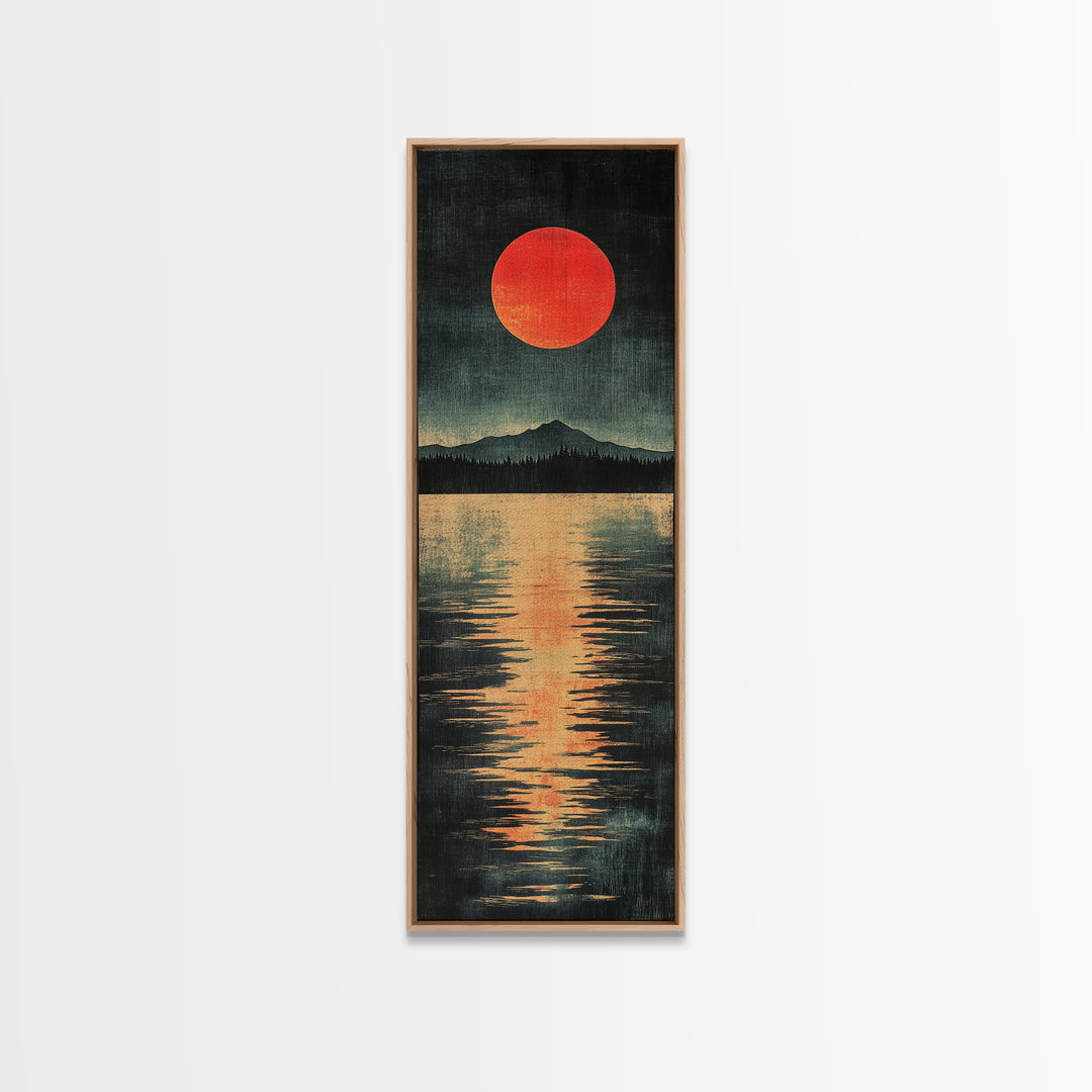 Red Sun Mountain Lake Canvas Print, Japanese Landscape Wall Decor, Moody Reflection Art, Long Narrow Poster For Modern Living Room
