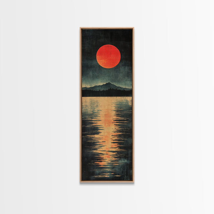 Red Sun Mountain Lake Canvas Print, Japanese Landscape Wall Decor, Moody Reflection Art, Long Narrow Poster For Modern Living Room