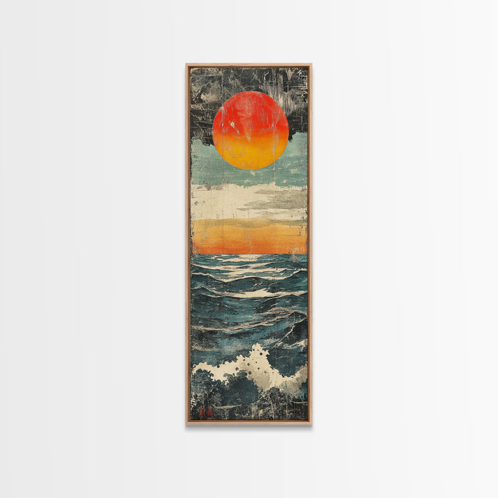 Abstract Ocean Sunset Wall Art, Red Sun Seascape Print, Coastal Wall Decor, Textured Wave Poster For Beach House Living Room