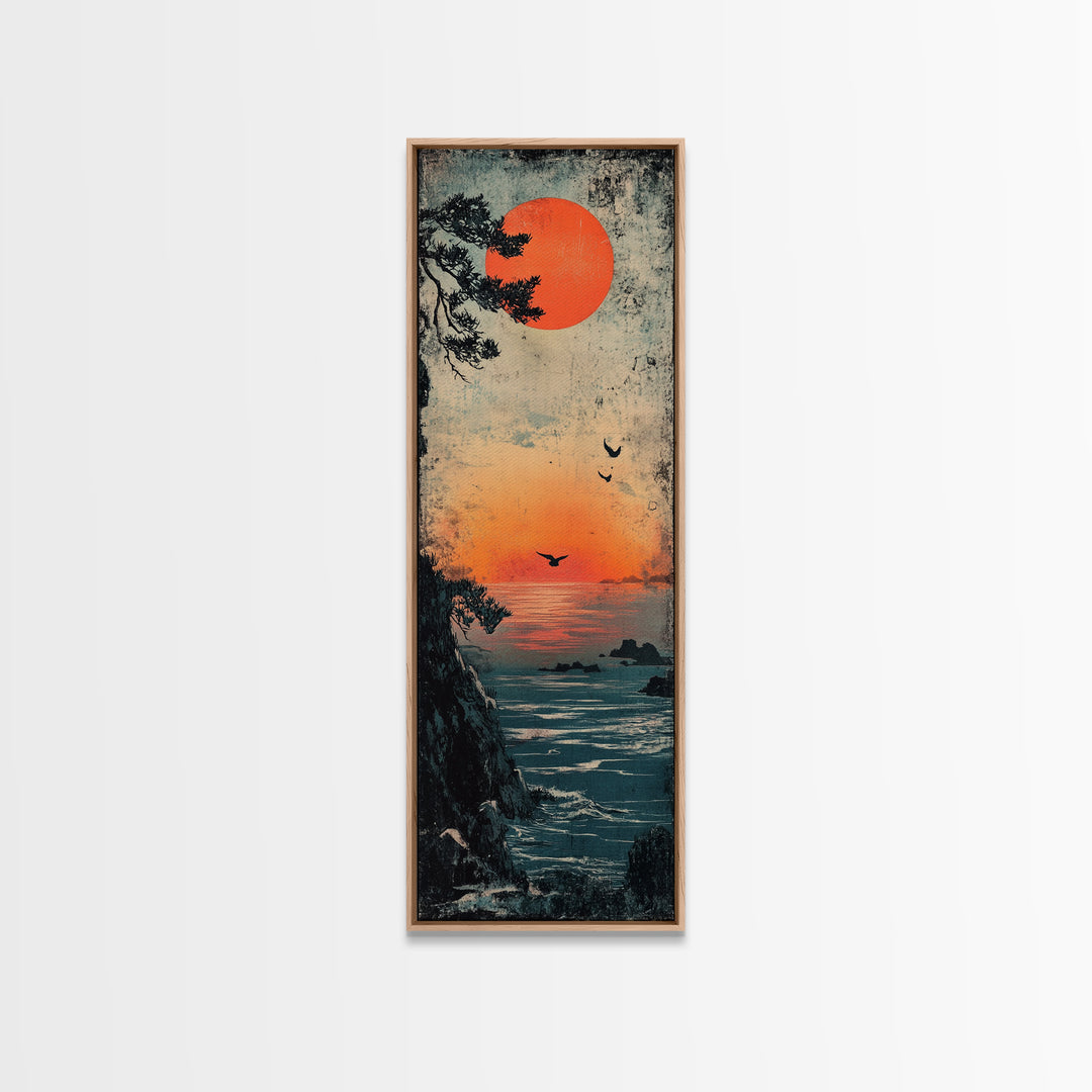 Coastal Cliff Red Sun Framed Canvas Print, Japanese Seascape Wall Art, Moody Ocean Decor, Bird Poster For Bedroom Or Office