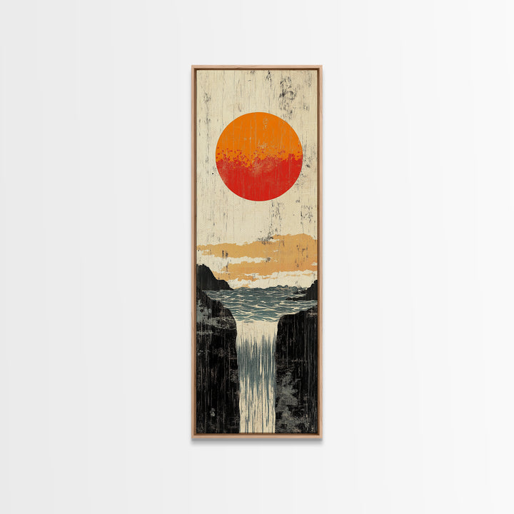 Orange Sun Waterfall Canvas Print, Japanese Cliff Landscape Wall Decor, Nature Poster, Wabi Sabi Art For Bathroom Or Office