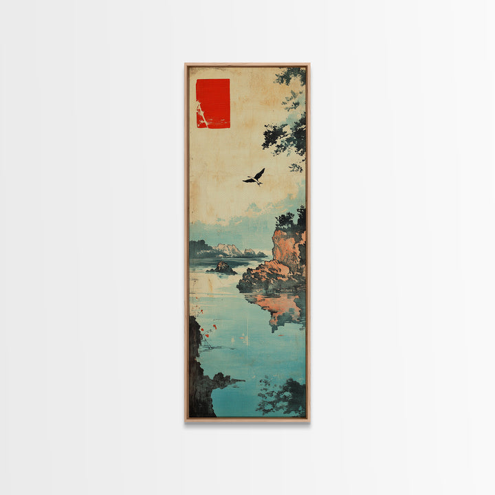 Quiet Japanese Coast With Bird Wall Art, Ukiyo E Landscape Print, Asian Inspired Decor, Tranquil Lake Home Decor For Living Room