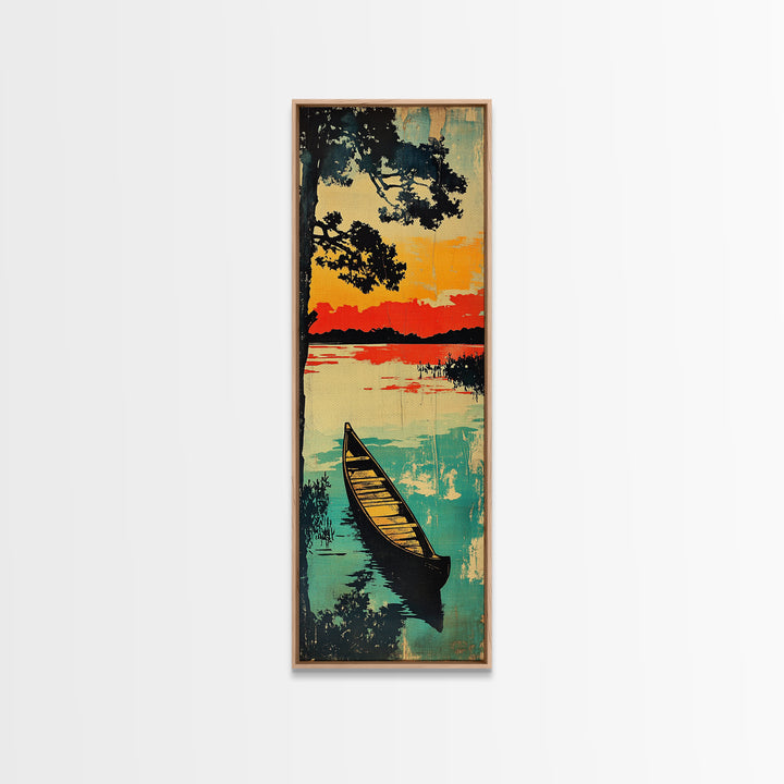 Canoe On Sunset Lake Wall Art, Japanese Landscape Canvas Print, Rustic Cabin Home Decor, Teal Water Long Vertical Art Print