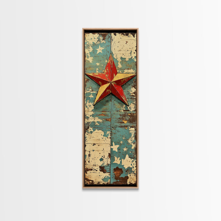 Rustic Red Star On Blue Wood Wall Art, Americana Canvas Print, Farmhouse Wall Decor, Patriotic Western Home Decor, Porch Decor