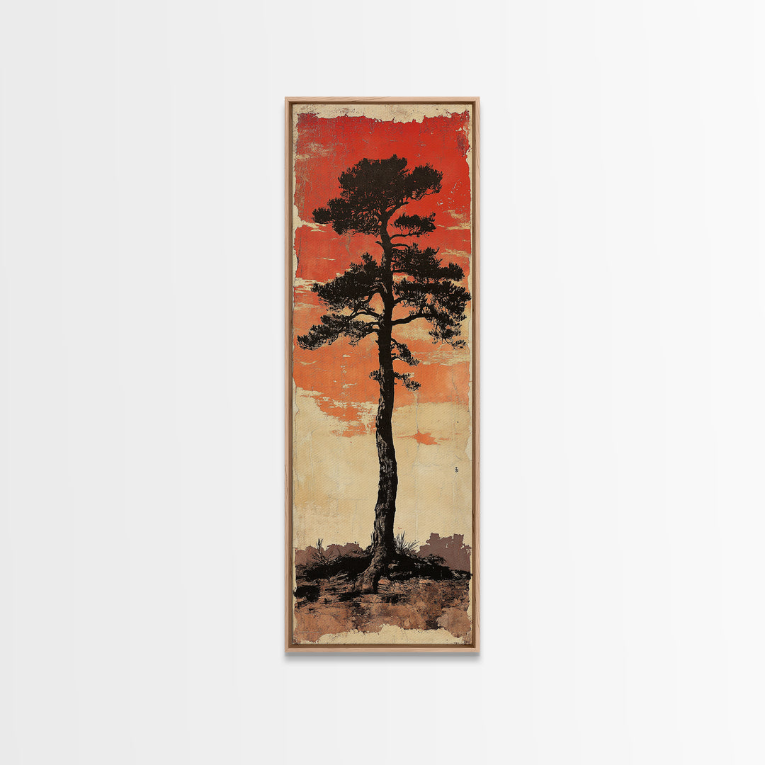 Lone Black Pine Tree At Red Sunset Canvas Print, Japanese Wall Art, Rustic Landscape Art, Long Narrow Nature Wall Decor Gift