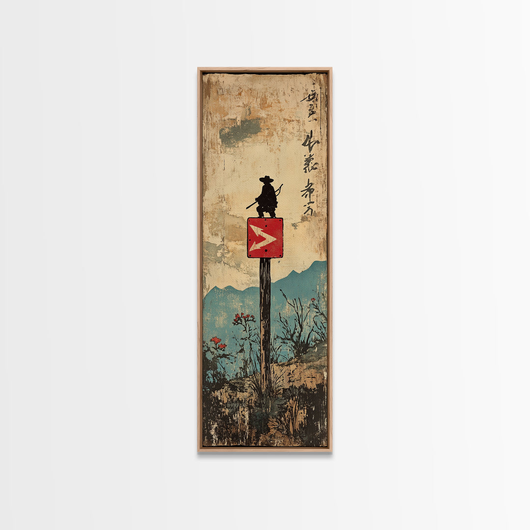 Samurai Silhouette On Mountain Signpost Wall Art, Japanese Landscape Print, Asian Inspired Decor, Long Narrow Home Decor Gift