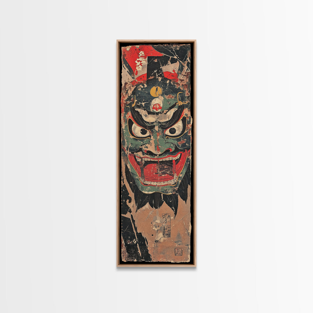 Fierce Japanese Oni Demon Mask Framed Canvas Print, Kabuki Wall Art, Dark Fantasy Decor, Bold Samurai Artwork Gift For Him