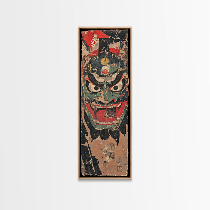 Fierce Japanese Oni Demon Mask Framed Canvas Print, Kabuki Wall Art, Dark Fantasy Decor, Bold Samurai Artwork Gift For Him