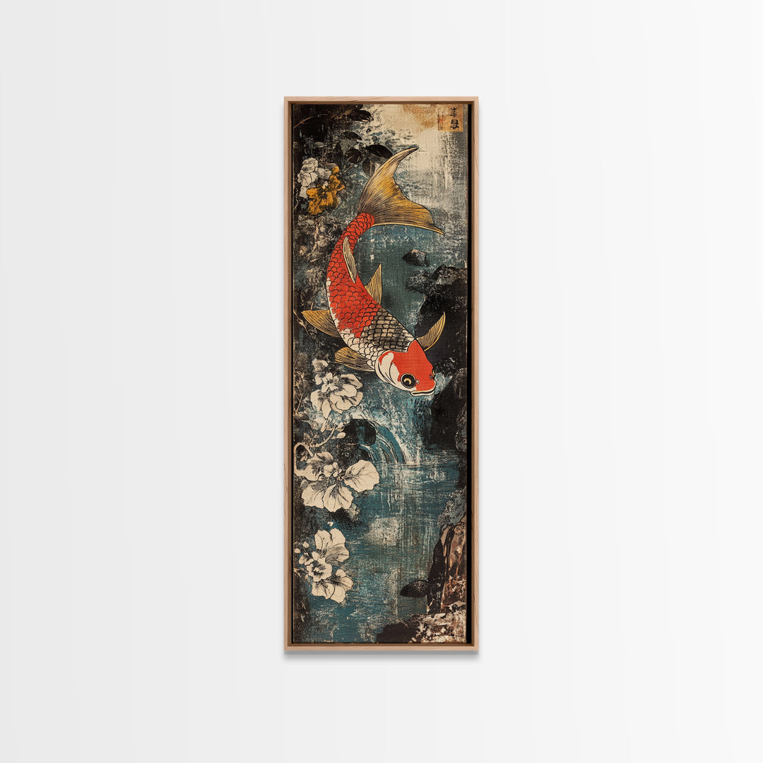 Red And Gold Koi Fish With White Flowers Wall Art, Japanese Koi Art, Asian Bathroom Decor, Zen Nature Canvas Print, Living Room Decor