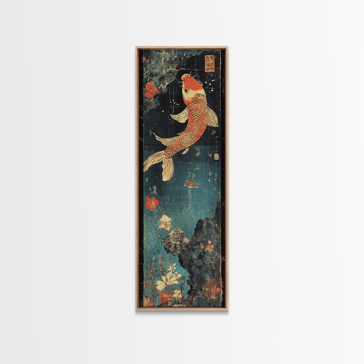 Golden Koi Fish With Coral Flowers Framed Canvas Print, Japanese Koi Wall Art, Zen Bathroom Decor, Asian Nature Art Print