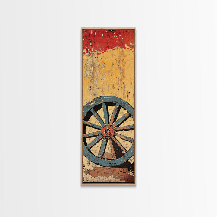Blue Wagon Wheel Wall Art, Rustic Western Canvas Print, Distressed Farmhouse Decor For Country Home And Living Room Wall Decor
