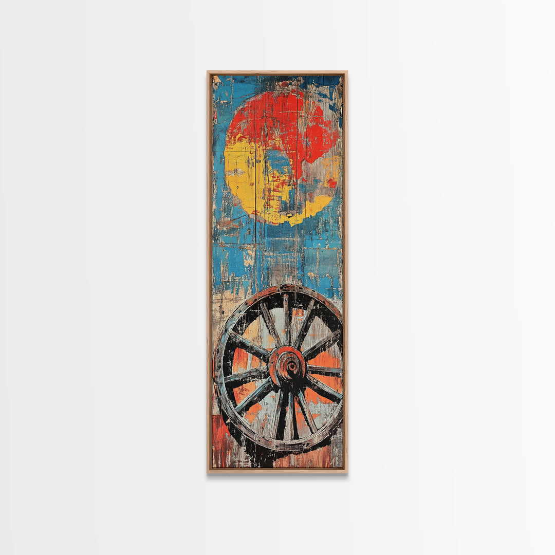 Wagon Wheel With Red Sun Wall Art, Rustic Western Canvas Print, Bold Farmhouse Decor For Living Room And Country Home Wall Decor