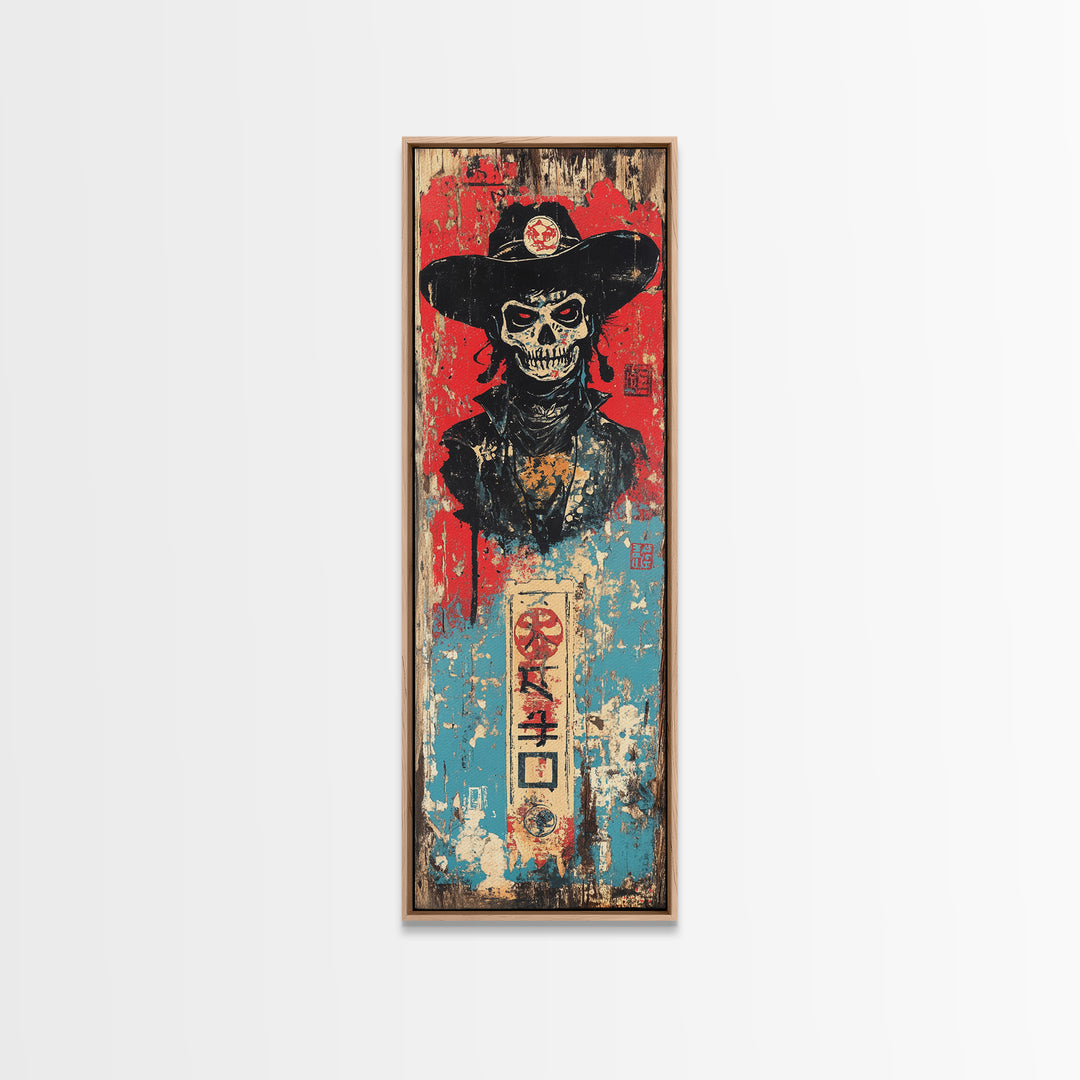 Skeleton Cowboy In Black Hat Wall Art, Gothic Western Canvas Print, Dark Americana Decor For Man Cave And Eclectic Room Decor