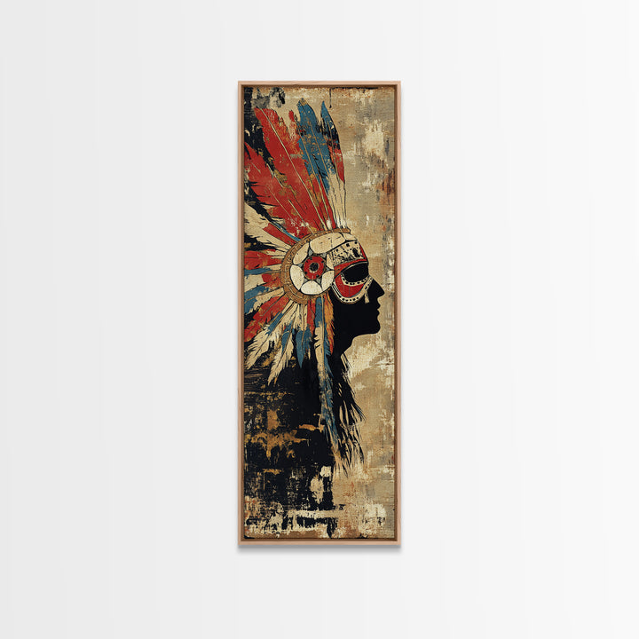 Feather Headdress Profile Wall Art, Tribal Southwestern Canvas Print, Indigenous Inspired Decor For Boho Living Room Wall Decor