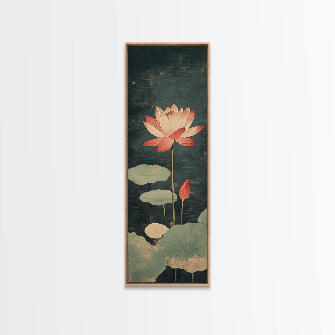 Pink Lotus Flower Pond Wall Art, Japanese Botanical Canvas Print, Serene Nature Decor For Spa Bathroom And Meditation Room