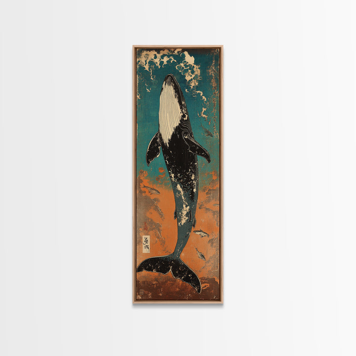 Humpback Whale Rising Through Teal Waves Wall Art, Japanese Woodblock Style, Ocean Wall Art, Marine Life Art, Coastal Decor