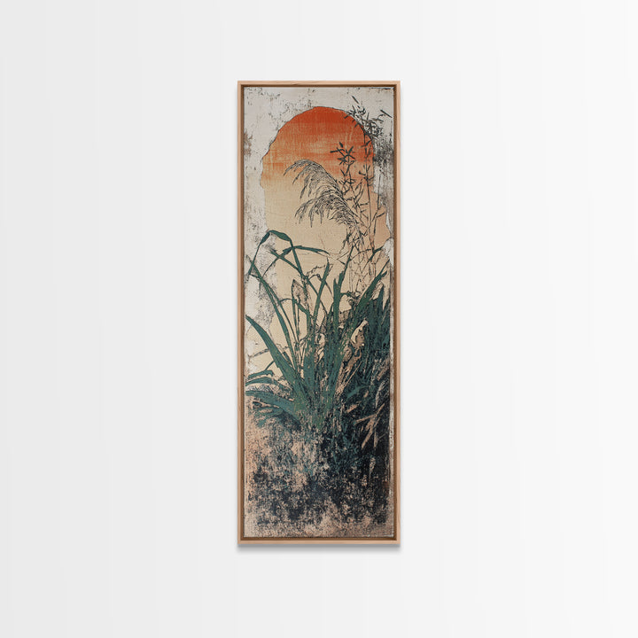 Orange Sun And Wild Grass Wall Art, Japanese Botanical Print, Japandi Decor, Minimalist Nature Art, Vertical Canvas Print