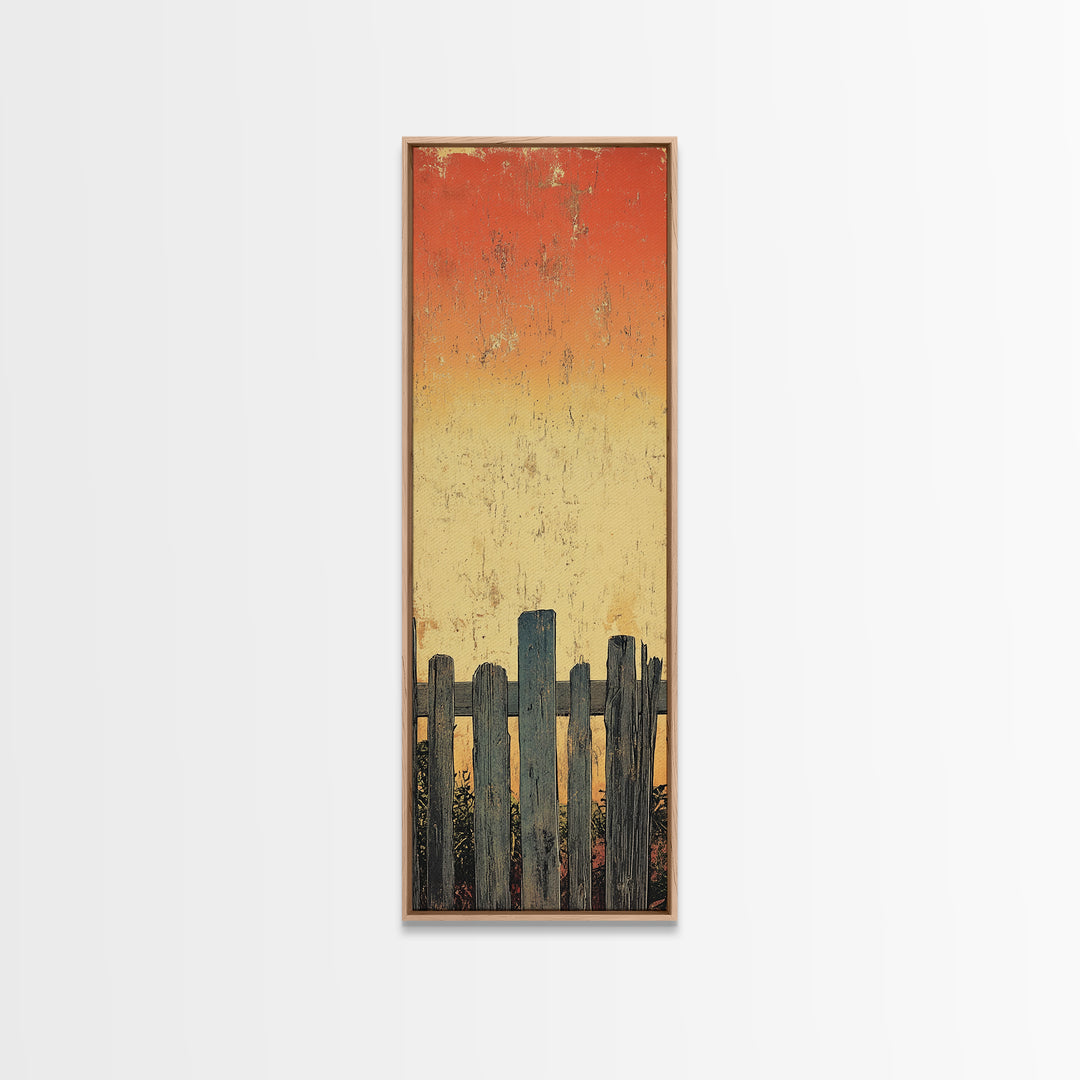 Weathered Fence Sunset Wall Art, Rustic Minimalist Landscape Print, Orange Sky Farmhouse Decor, Tall Vertical Canvas Print