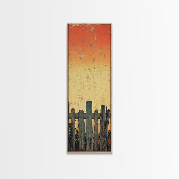 Weathered Fence Sunset Wall Art, Rustic Minimalist Landscape Print, Orange Sky Farmhouse Decor, Tall Vertical Canvas Print