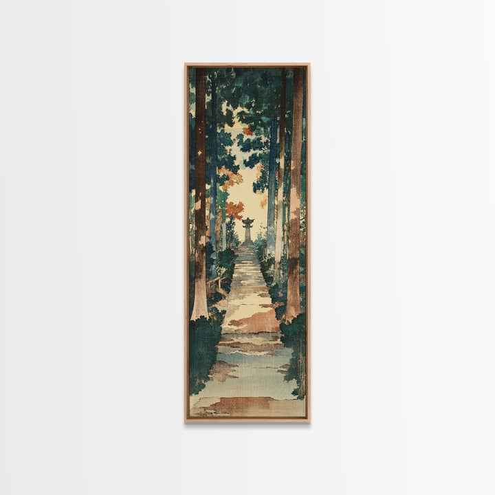 Forest Path Shrine Wall Art, Japanese Garden Canvas Print, Moody Woodland Landscape Decor, Tall Vertical Entryway Wall Art