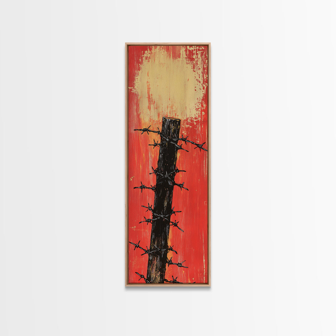Barbed Wire Fence Post Wall Art, Rustic Western Print, Red Distressed Farmhouse Decor For Man Cave Or Modern Entryway Gift