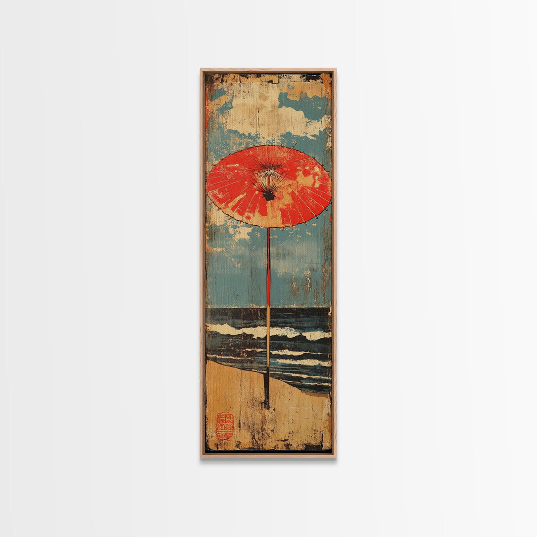 Red Beach Umbrella By Blue Ocean Framed Canvas Print, Coastal Wall Art, Beach House Decor, Summer Seascape Print, Living Room Decor
