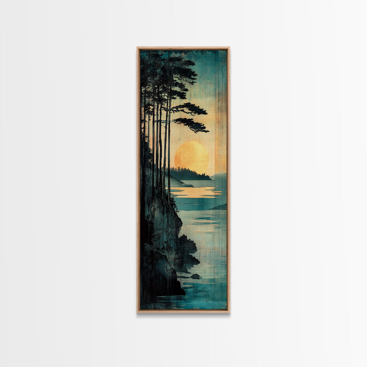 Golden Sun Forest Coast Wall Art, Japanese Landscape Print, Teal Nature Decor, Long Vertical Canvas For Bedroom Or Living Room