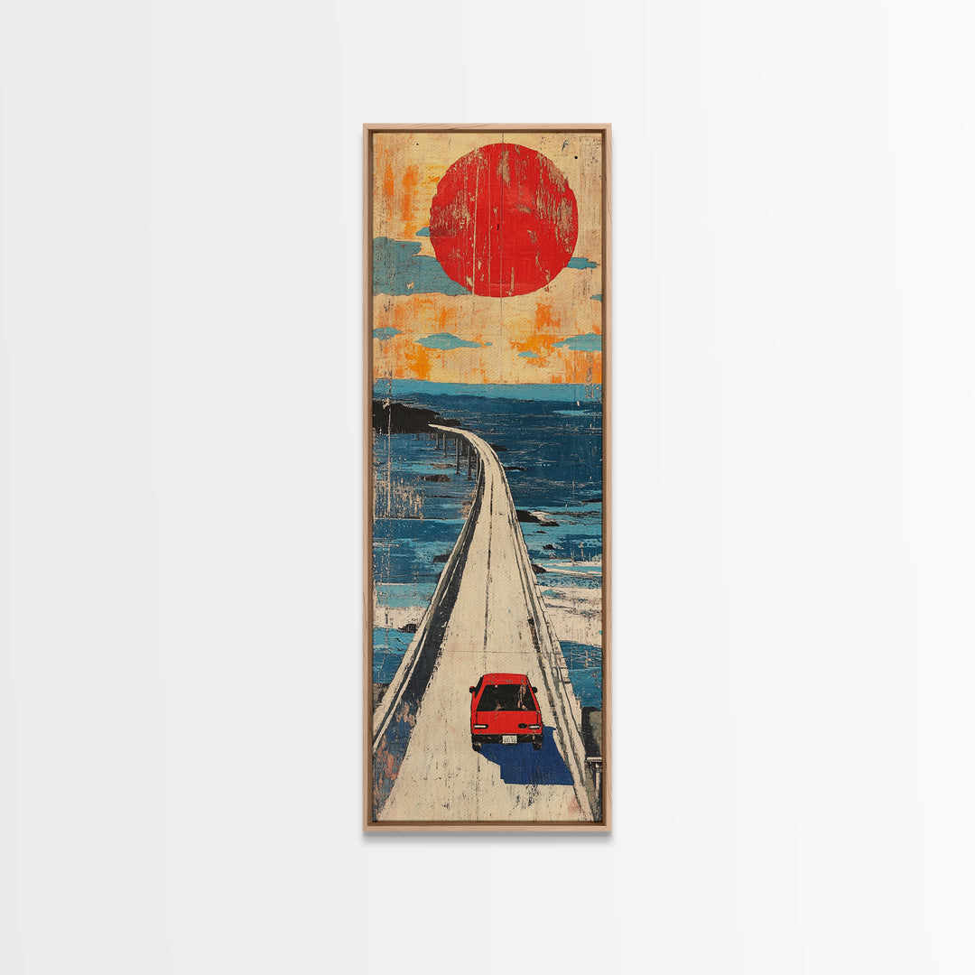 Red Car Ocean Bridge Wall Art, Retro Travel Poster Style, Japanese Coastal Decor, Long Vertical Canvas Print For Entryway