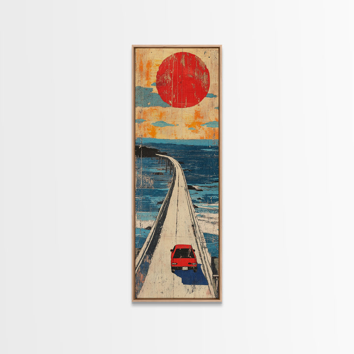 Red Car Ocean Bridge Wall Art, Retro Travel Poster Style, Japanese Coastal Decor, Long Vertical Canvas Print For Entryway