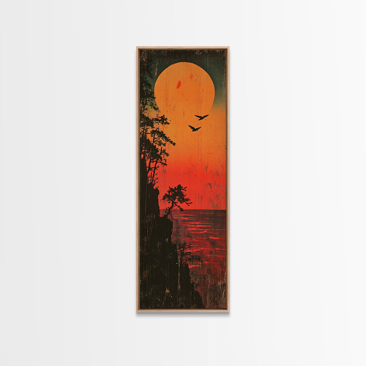 Orange Sunset Lake Silhouette Wall Art, Moody Nature Landscape Print, Rustic Cabin Decor, Long Vertical Canvas For Bedroom