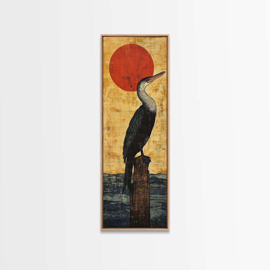 Black Cormorant Bird With Red Sun Wall Art, Japanese Coastal Framed Canvas Print For Nautical Decor And Nature Lovers Gift