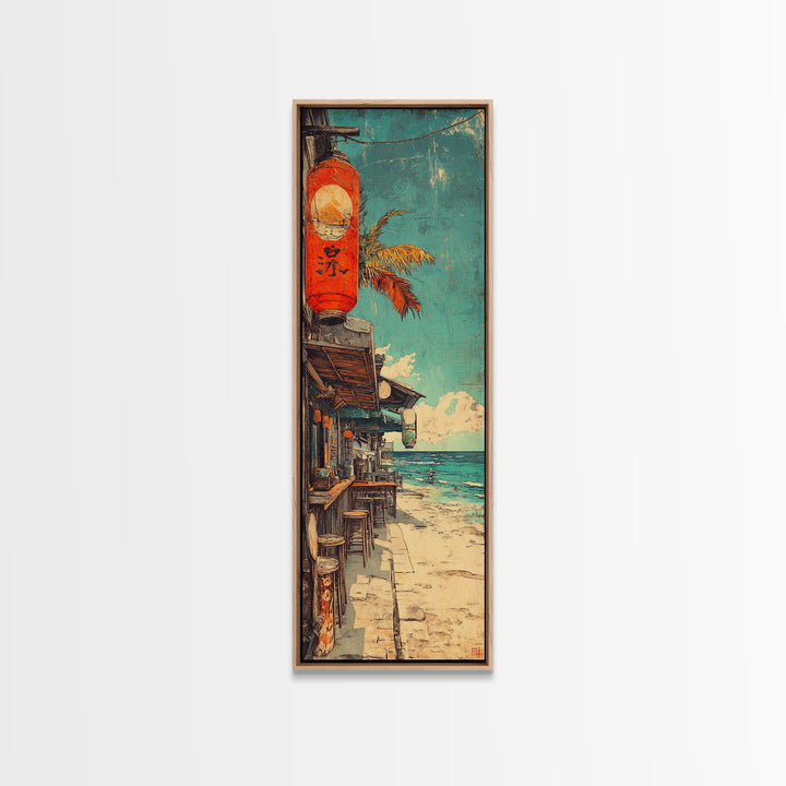 Seaside Japanese Street With Red Lantern Canvas Print, Coastal Wall Art For Beach House Decor, Travel Poster And Ocean Decor