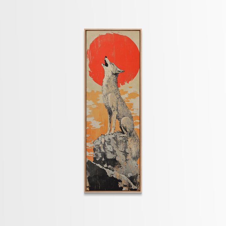 Howling White Wolf With Red Sun Framed Canvas Print, Desert Animal Wall Art, Southwestern Nursery Decor, Wildlife Gift For Him