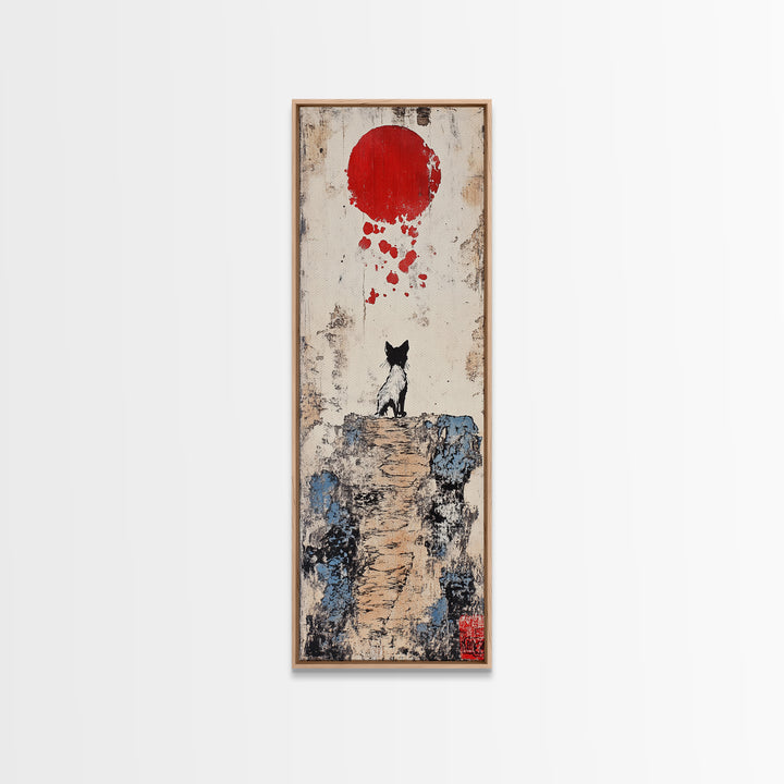 Tiny Black Cat On Cliff With Red Moon Canvas Print, Japanese Wall Art, Whimsical Animal Poster, Nursery Room Decor Unique Gift