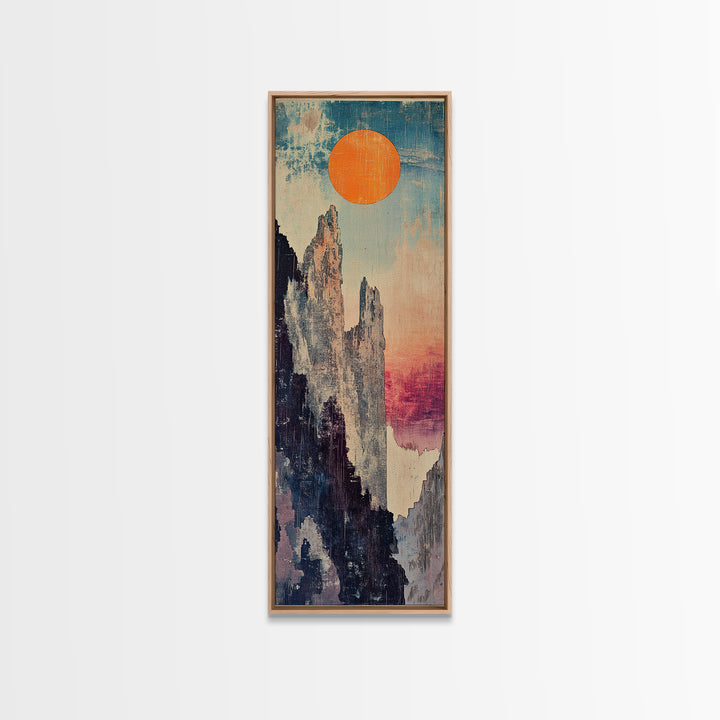Tall Mountain Spires With Orange Sun Framed Canvas Print, Abstract Landscape Wall Art, Japandi Office Decor, Nature Gift