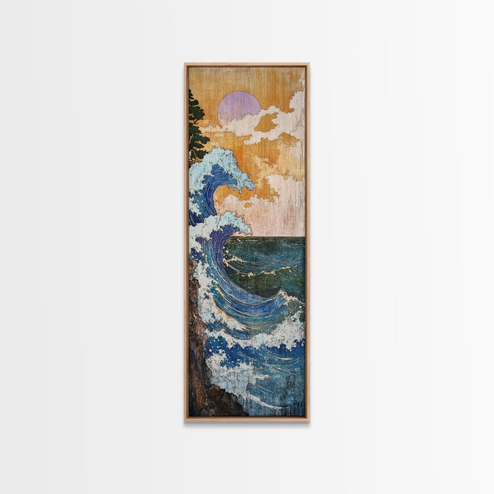 Blue Coastal Wave With Lavender Moon Framed Canvas Print, Ocean Wall Art, Nautical Bathroom Decor, Beach House Gift For Her