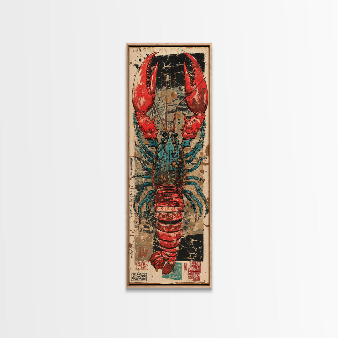 Bold Red And Teal Lobster Framed Canvas Print, Coastal Kitchen Wall Art, Nautical Seafood Decor, Beach House Gift For Foodie