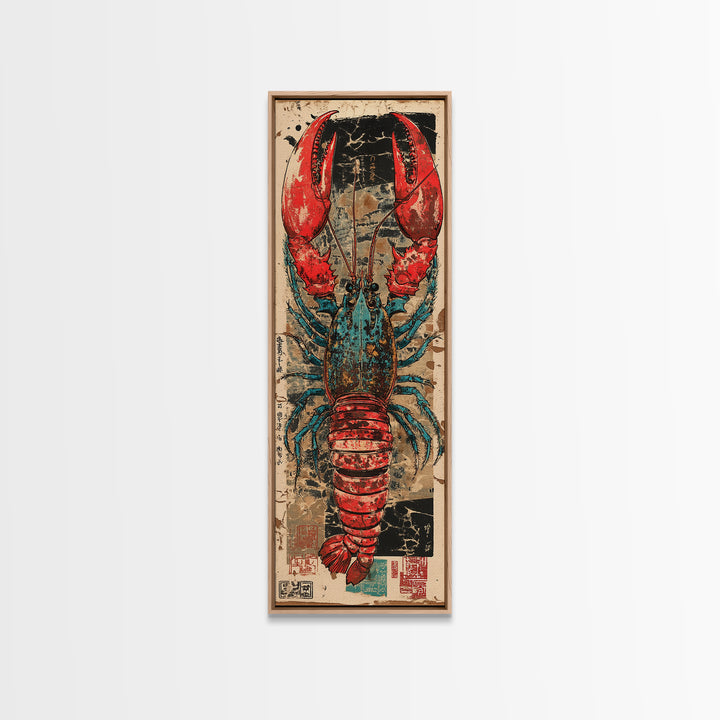 Bold Red And Teal Lobster Framed Canvas Print, Coastal Kitchen Wall Art, Nautical Seafood Decor, Beach House Gift For Foodie