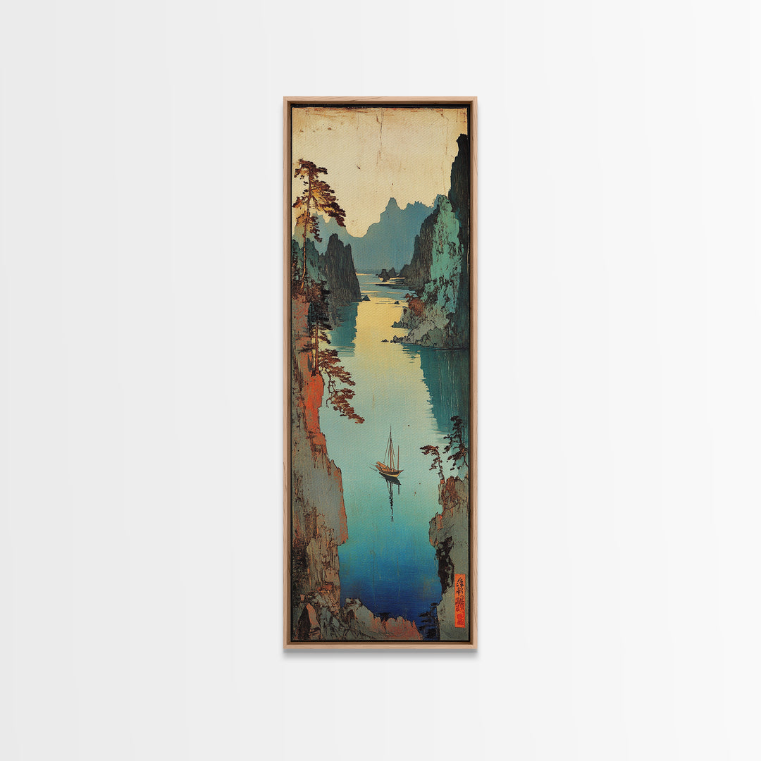 Misty Japanese River Gorge With Boats And Teal Cliffs Framed Canvas Print, Asian Landscape Art, Japandi Wall Decor, Zen Decor