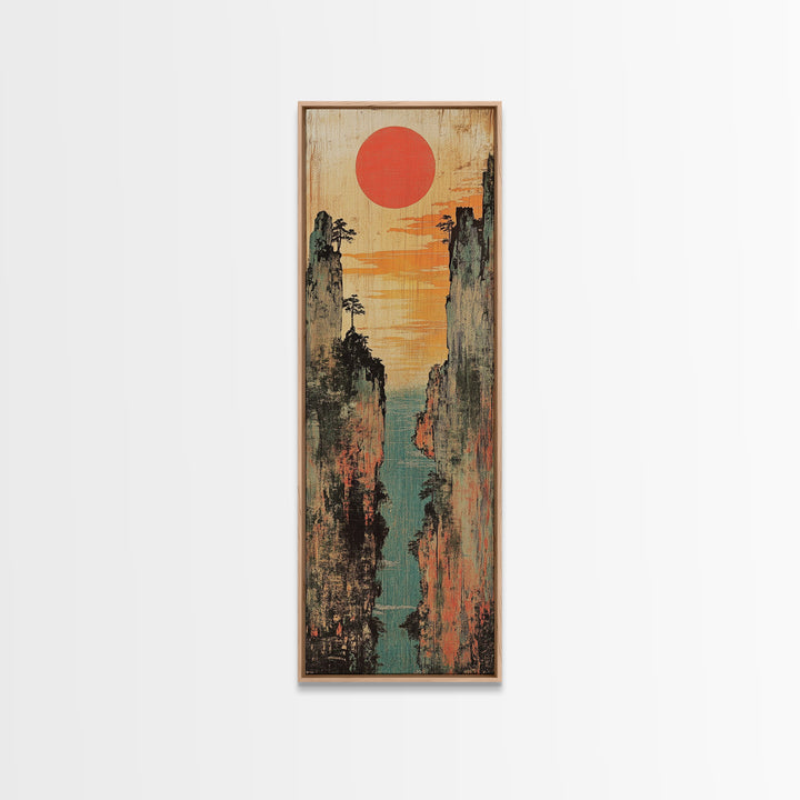 Red Sun Canyon Seascape Between Weathered Cliffs Canvas Print, Japanese Wall Art, Coastal Decor, Modern Landscape, Art Print