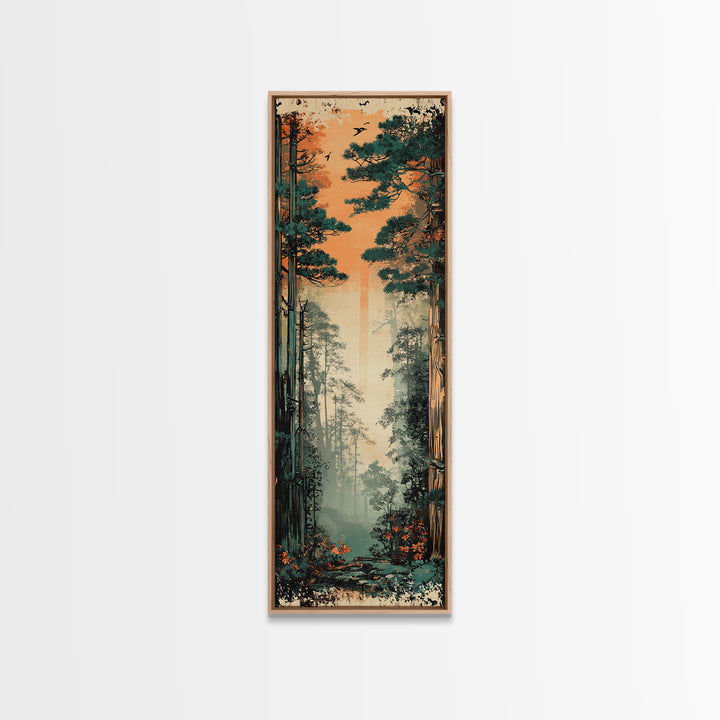 Tall Misty Pine Forest At Orange Dawn Wall Art, Nature Landscape Print, Japandi Decor, Calming Living Room Wall Decor, Home Decor